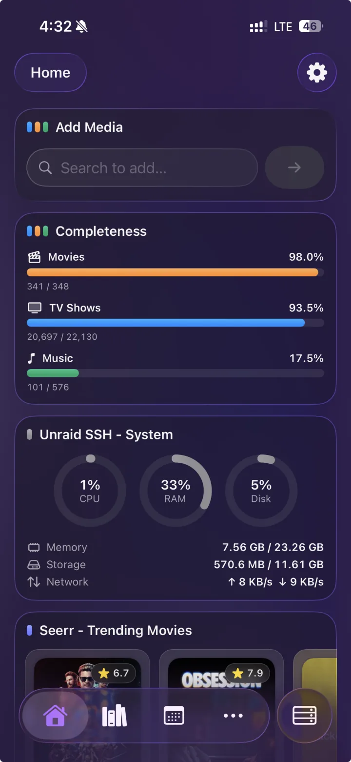 Helmarr native dashboard with configurable widgets for self-hosted media services.